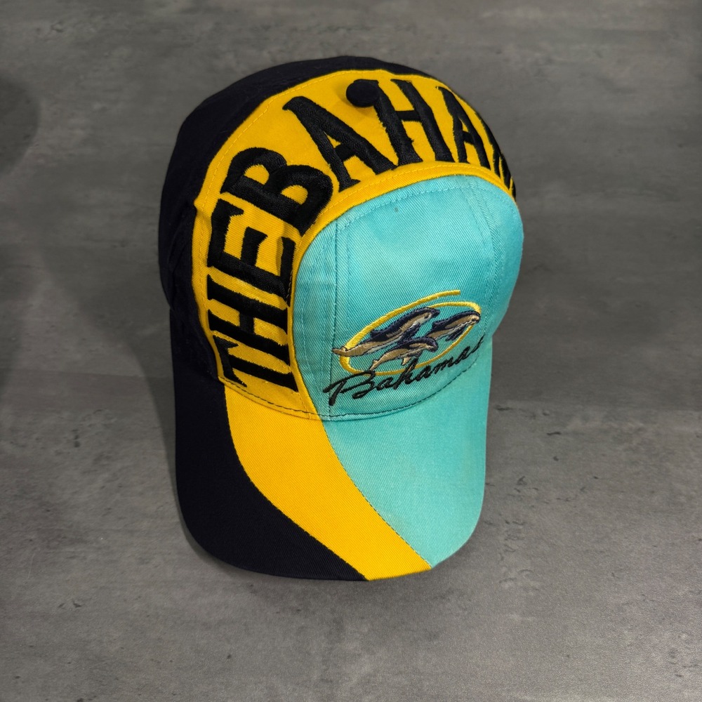 Bahamas Baseball Cap Black Teal Yellow Navy Swirl Spellout Embroidered Souvenir